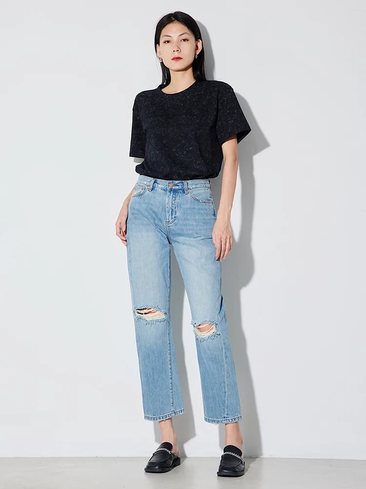 RUGOSAM Jeans a Vita Alta Serie Distressed Comodi da Donna a Gamba Dritta Lunghezza 9/10 T078 Personalizzati Moda Autunnale