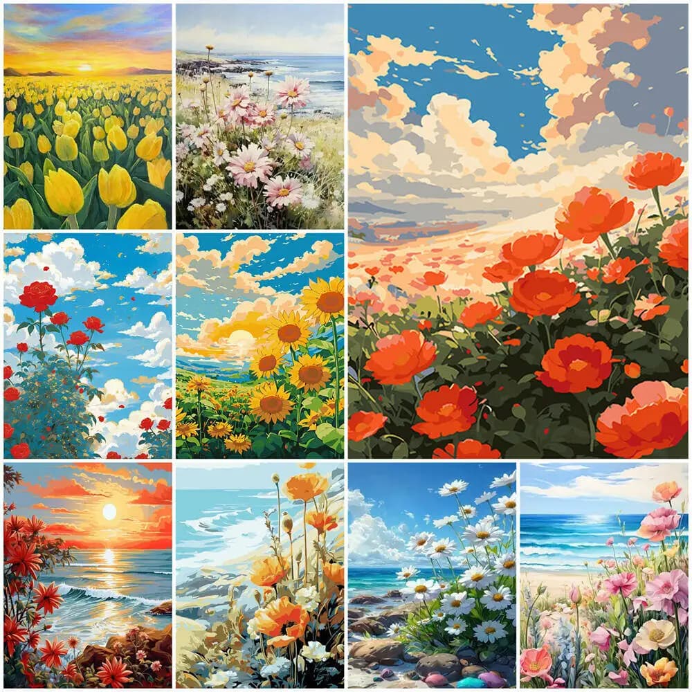 2026 Digital Oil Painting Tulip Poppy Flowers Seaside DIY Paint By Number Scenery Drawing On Diamond Acrylic Paint Handpainted