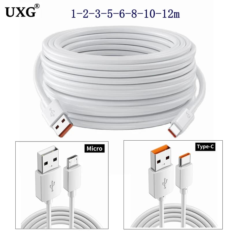 Cavo micro USB di ricarica per monitoraggio lungo di tipo C Cavo per data veloce 6A Cavo per data di ricarica USB Cavo esteso per alimentatore per telefono cellulare