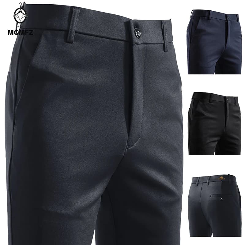 Soft Textured Male Formal Long Pants Anti Crease Stretch Fabric Embroidered Waist Belt Loop Office Banquet All Match Bottoms