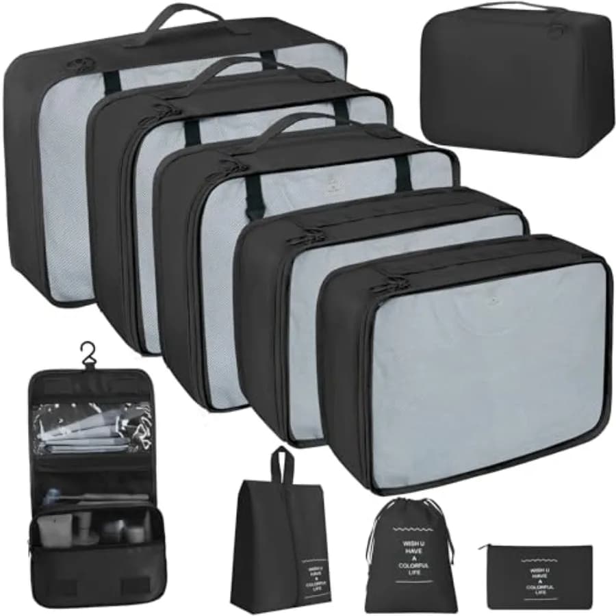 Set di 10 Cubi Organizzatori per Valigie, Organizzatori Espandibili per Bagagli in Nero, Rosso, Blu, Rosa, Viola per Valigie