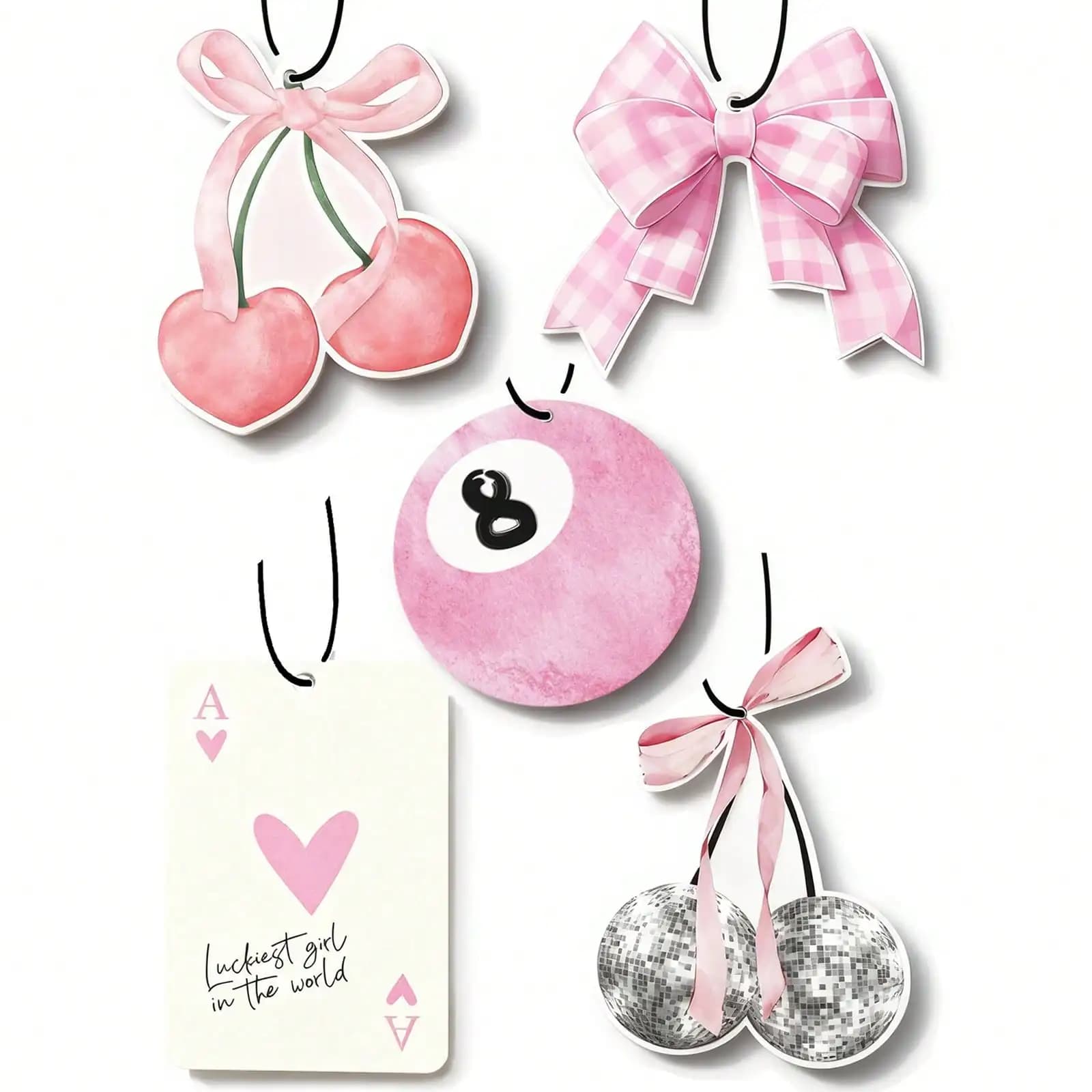Set of 5 Deodorants for Cars Pink Carini - Design Cherry, Bow, Billiards and Ace for Girls, from Hanging to Mirror Retrovisore