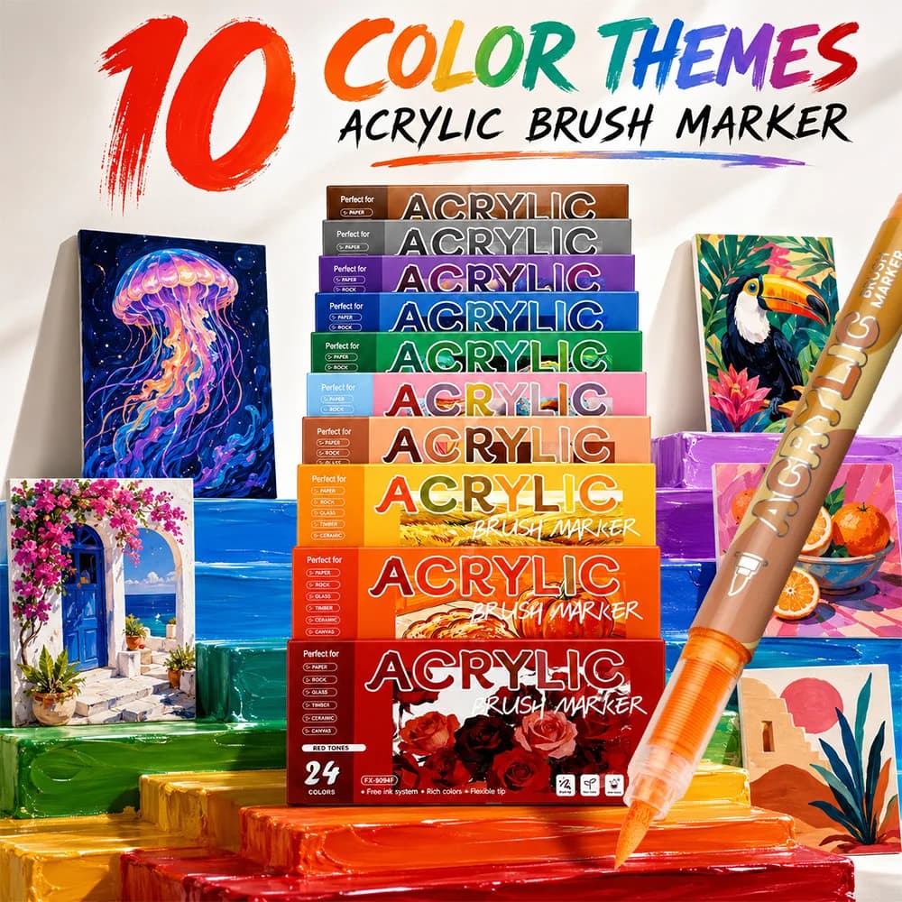 24 Colors Acrylic Brush Marker Pens Soft Waterproof Paint Markers Wood Stone Glass Paper Canvas DIY Art Craft Painting Supplies