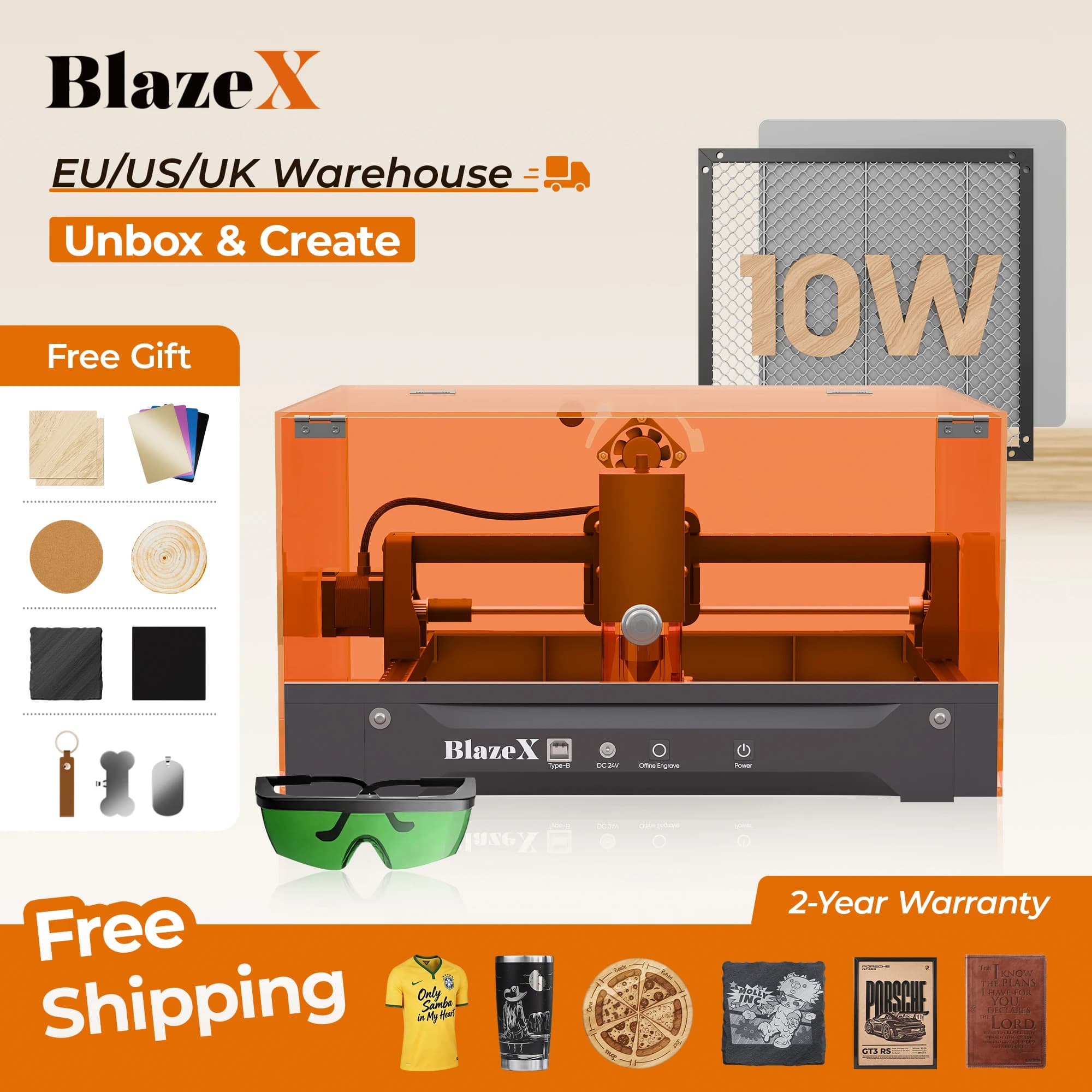 BlazeX M3 10W Laser Engraver Machine DIY Kit , 0.01mm Ultra-Precision Laser Cutter and Engraver Machine Class 1,With Honeycomb Table,Protective Shield,Free Materials Kit & Goggles,OPTIONAL Extension Kit & Rotary Roller,for Wood Metal Glass Leather