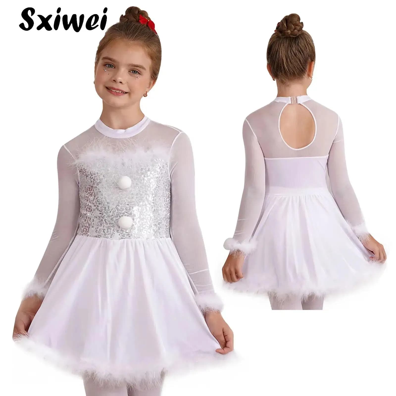 Costume da ballo natalizio bianco da pupazzo di neve per ragazze, manica lunga, paillettes, body da pattinaggio su ghiaccio, vestito da ballo tutu di balletto di Babbo Natale
