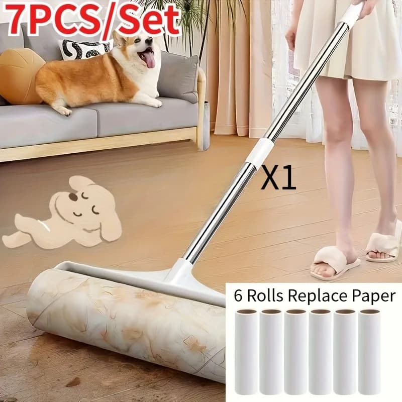 7pcs/Set [6Replace Paper+1Mop] Long Handled Hair Removal Device, Clothing Extension Brush, Cat Hair Household Floor Cleaning