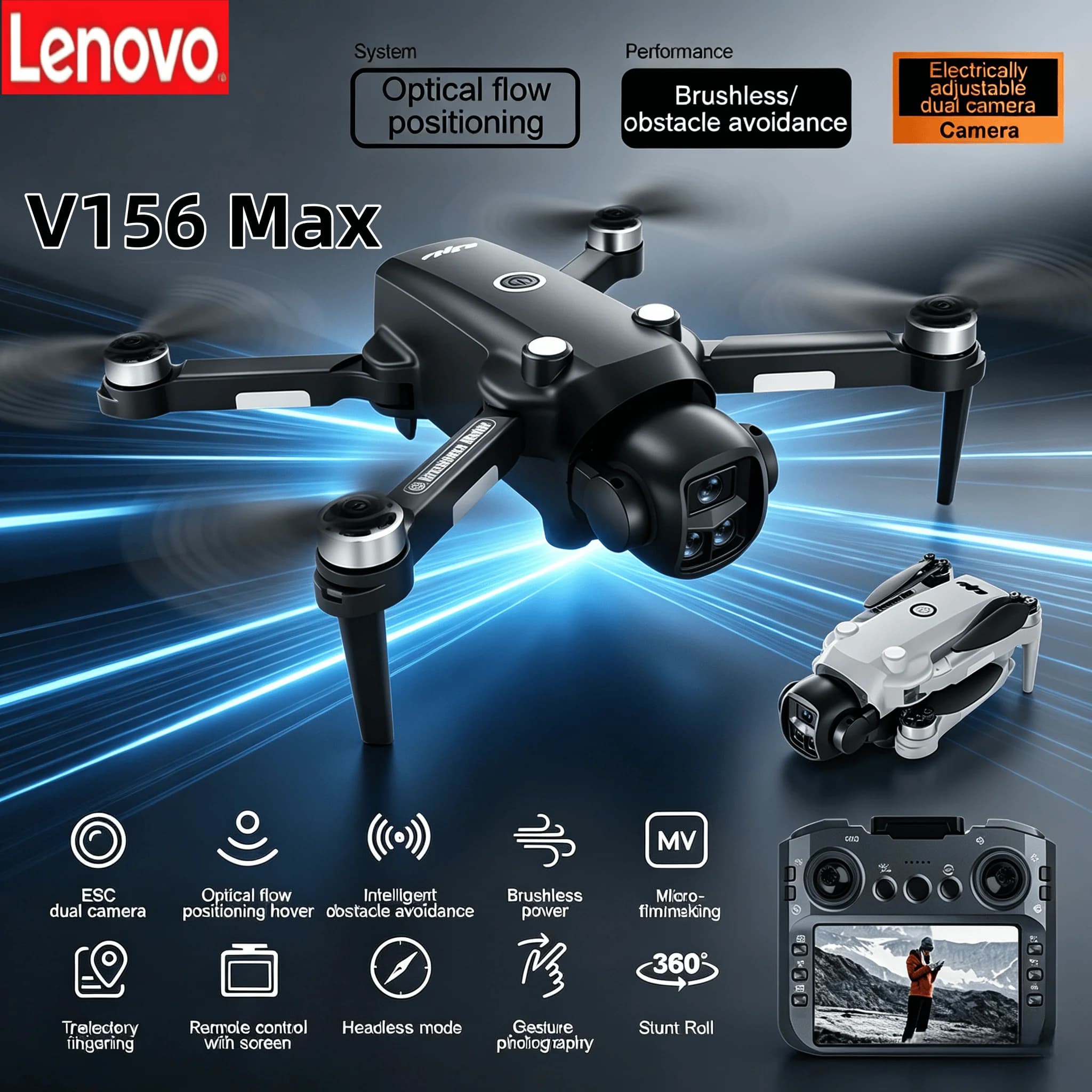 Drone Professionale Lenovo V156MAX con GPS, Fotocamera 8K, FPV Aereo, Evitamento Ostacoli, Telecomando con Schermo, Pieghevole
