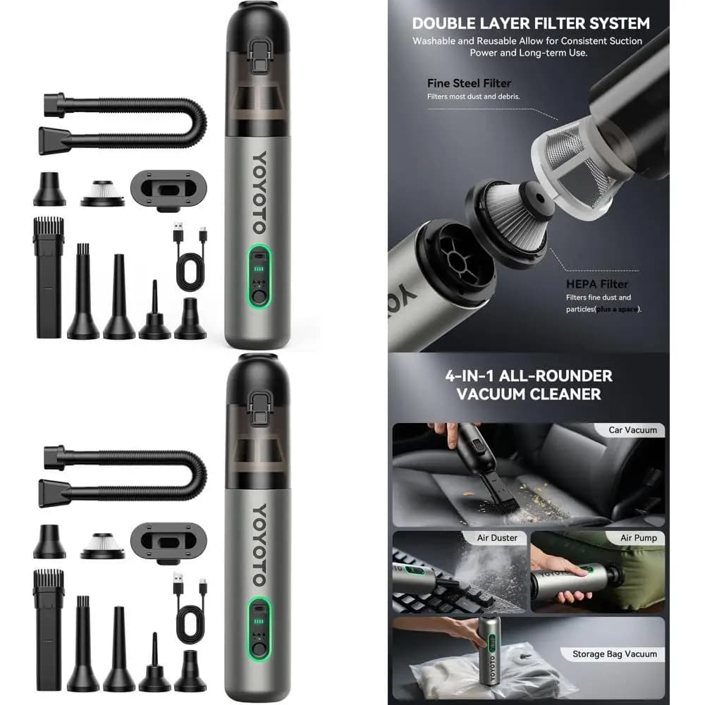 Potente Aspirapolvere Portatile 4-in-1 da 21000Pa, Ricaricabile, Leggero per Auto e Casa (Argento)