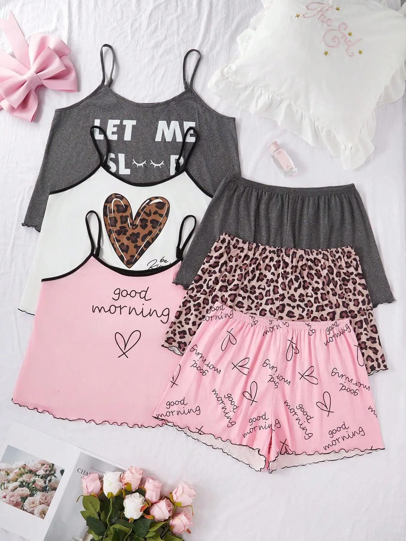 Set pigiama da donna 6 pezzi taglie forti con canotta e pantaloncini stampati - Stampa leopardata, a cuori, con scritte