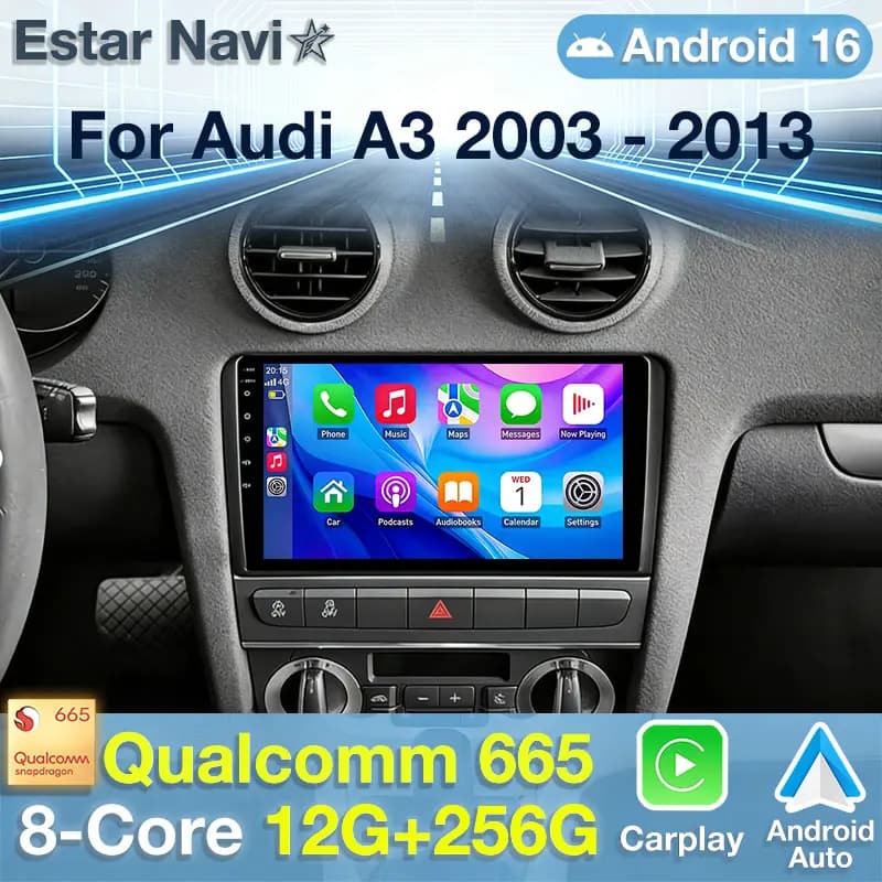 Autoradio Android 16 per Audi A3 8P 2003-2013, S3 2006-2012, RS3 2011-2012, GPS, Carplay, Lettore Multimediale, Navigazione QLED