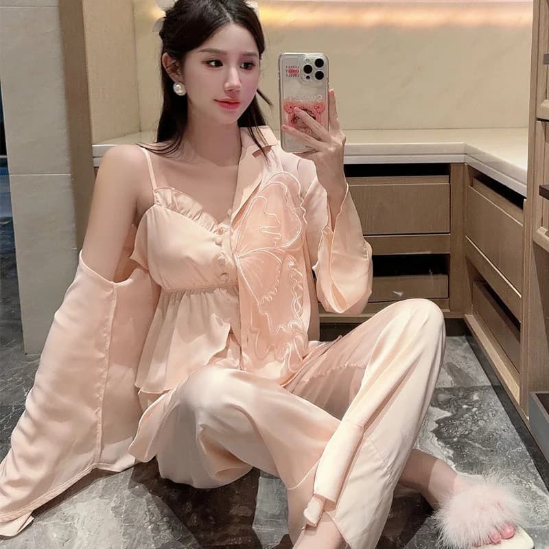 Summer 3 Piece Swimwear Pants Pajamas Dress Rayon Nightwear Women Lace Silk Ice Spring Long Sleeves Dressing Dresses For Home