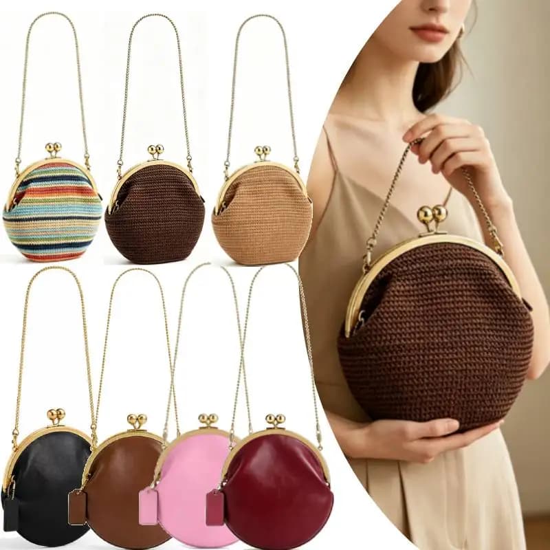 Women Kiss Lock Crossbody Bag PU/Straw Stylish Medium Handbags Kiss Clasp Crossbody Shoulder Bags Tote Purse Messenger Handbag