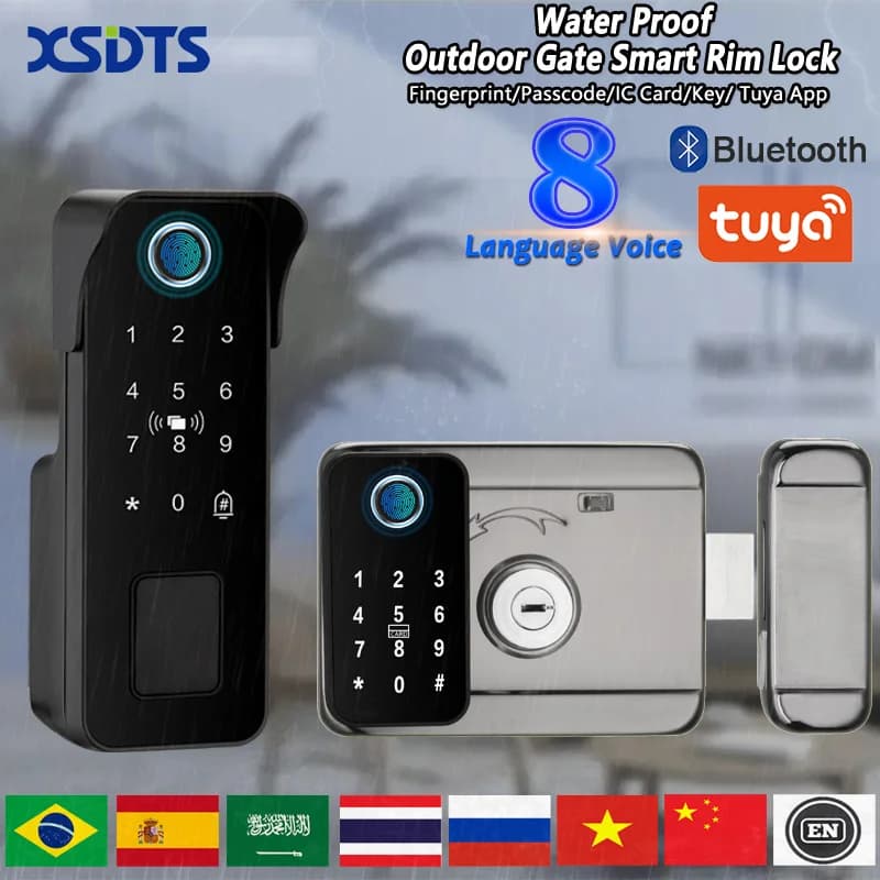 Impermeabile Smart Door Lock Impronta digitale Giardino esterno Telecomando Tuya APP Card Codice digitale Serratura elettronica a doppio bordo