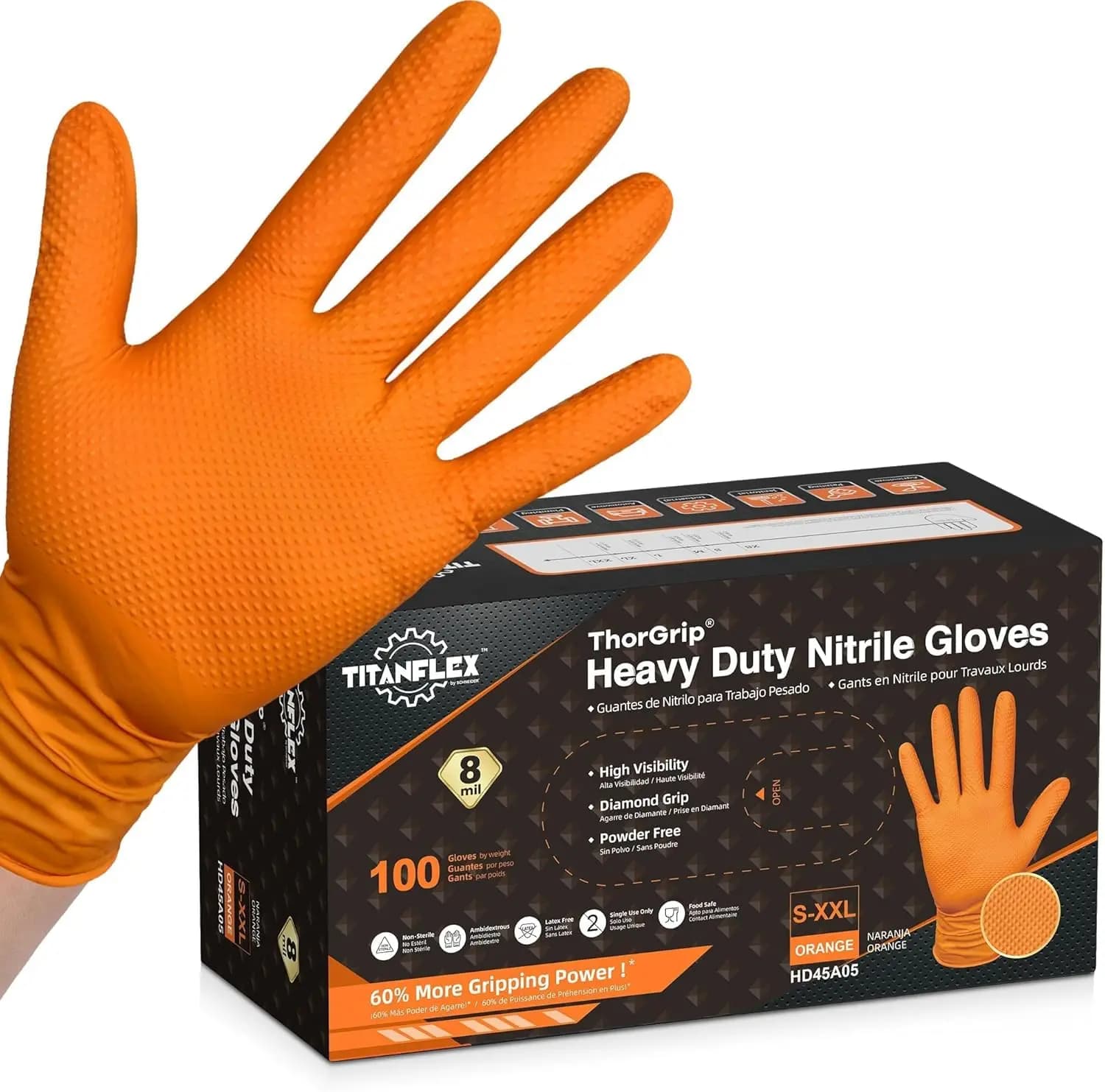 Guanti Industriali in Nitrile Arancioni Resistenti, Senza Lattice con Texture a Diamante in Rilievo (6mil/8mil) - Durevoli e Affidabili