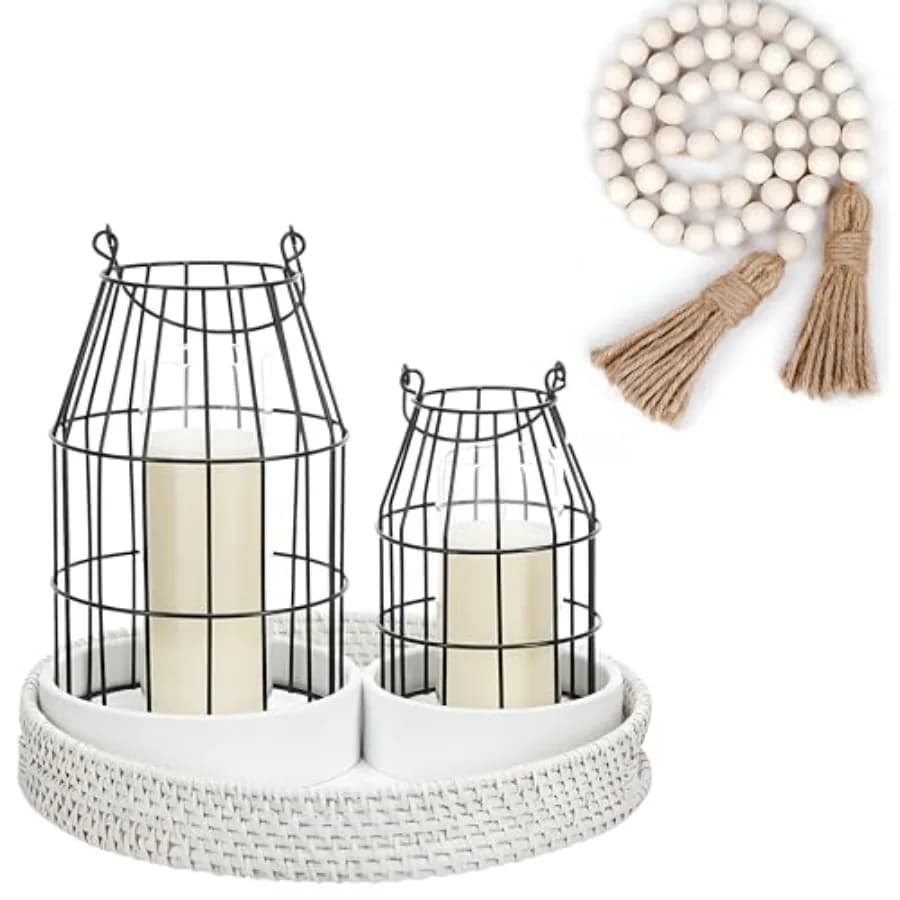 Christmas Rustic Farmhouse Decor Set of 4 Modern 2pcs Candle Lantern Metal Rustic Candle Holder 1 Round Rattan Tray with 1 Stri