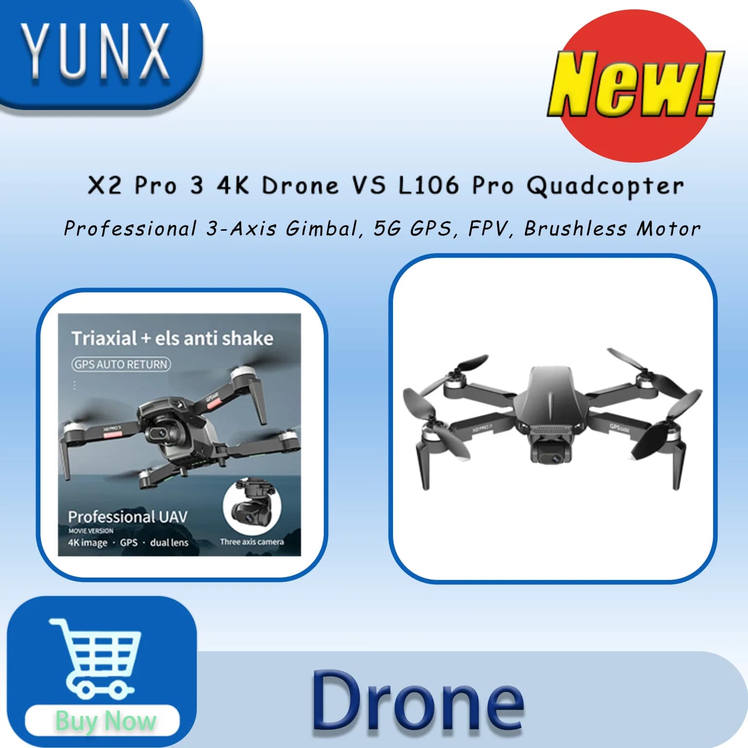 Drone RC YUNX X2 Pro 3 VS L106 Pro 4K HD con Gimbal a 3 Assi, GPS 5G, Quadricottero Brushless