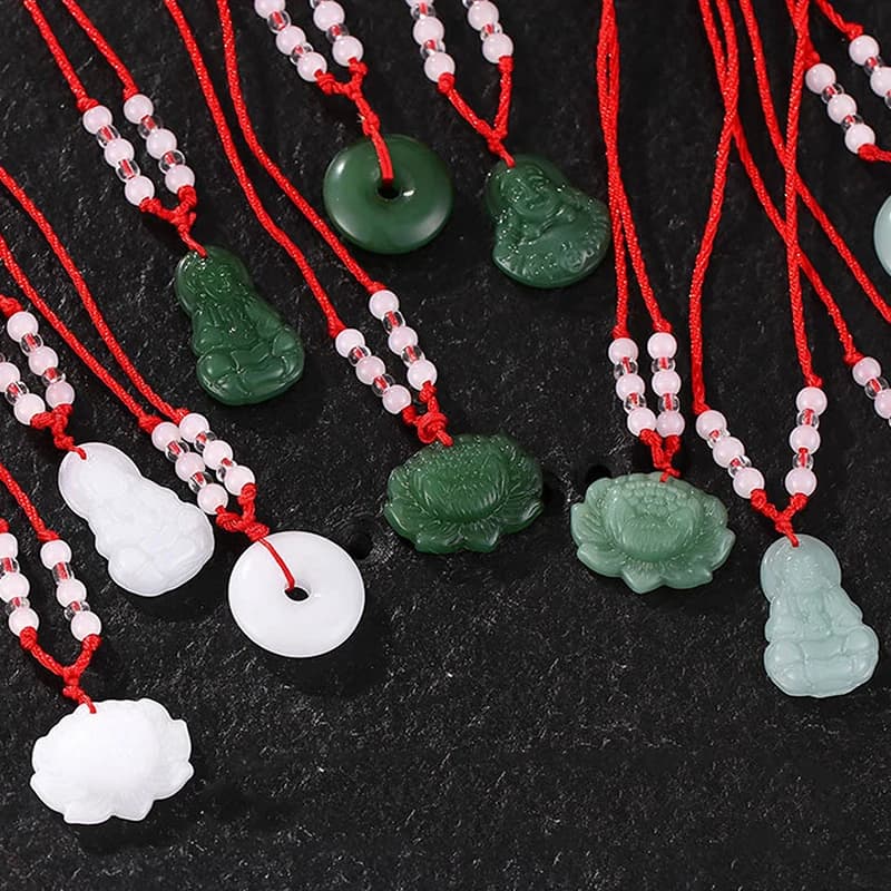 White Jade Hand Woven Pendant Necklace Lotus Guanyin Long Life Lock Pendant Lucky Necklace