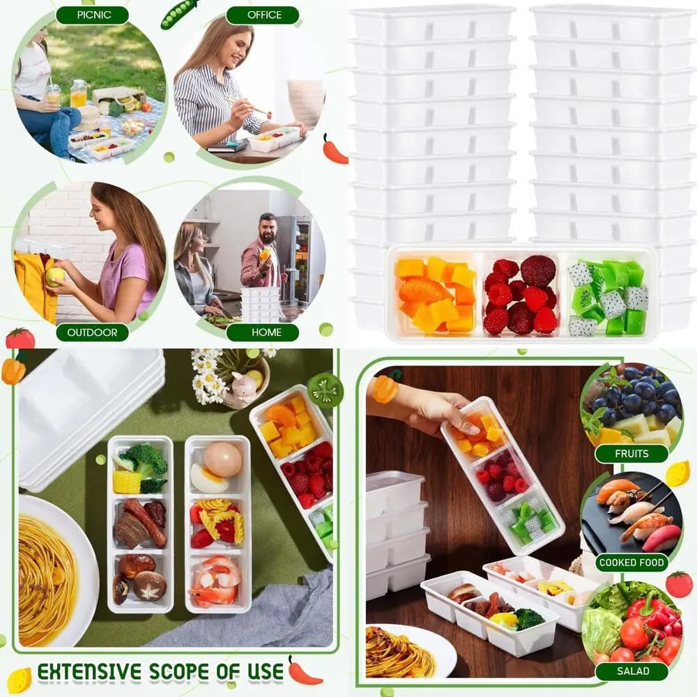 Confezione da 100 Contenitori Monouso da 500 ml con 3 Scomparti e Coperchi per Viaggi, Ufficio o Picnic (Bianco)