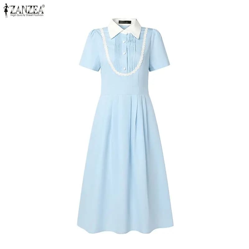 Lace Patchwork Dresses Women French Vintage Midi Dress ZANZEA Short Puff Sleeve Lapel Collar High Waist Summer Vestidos Robe