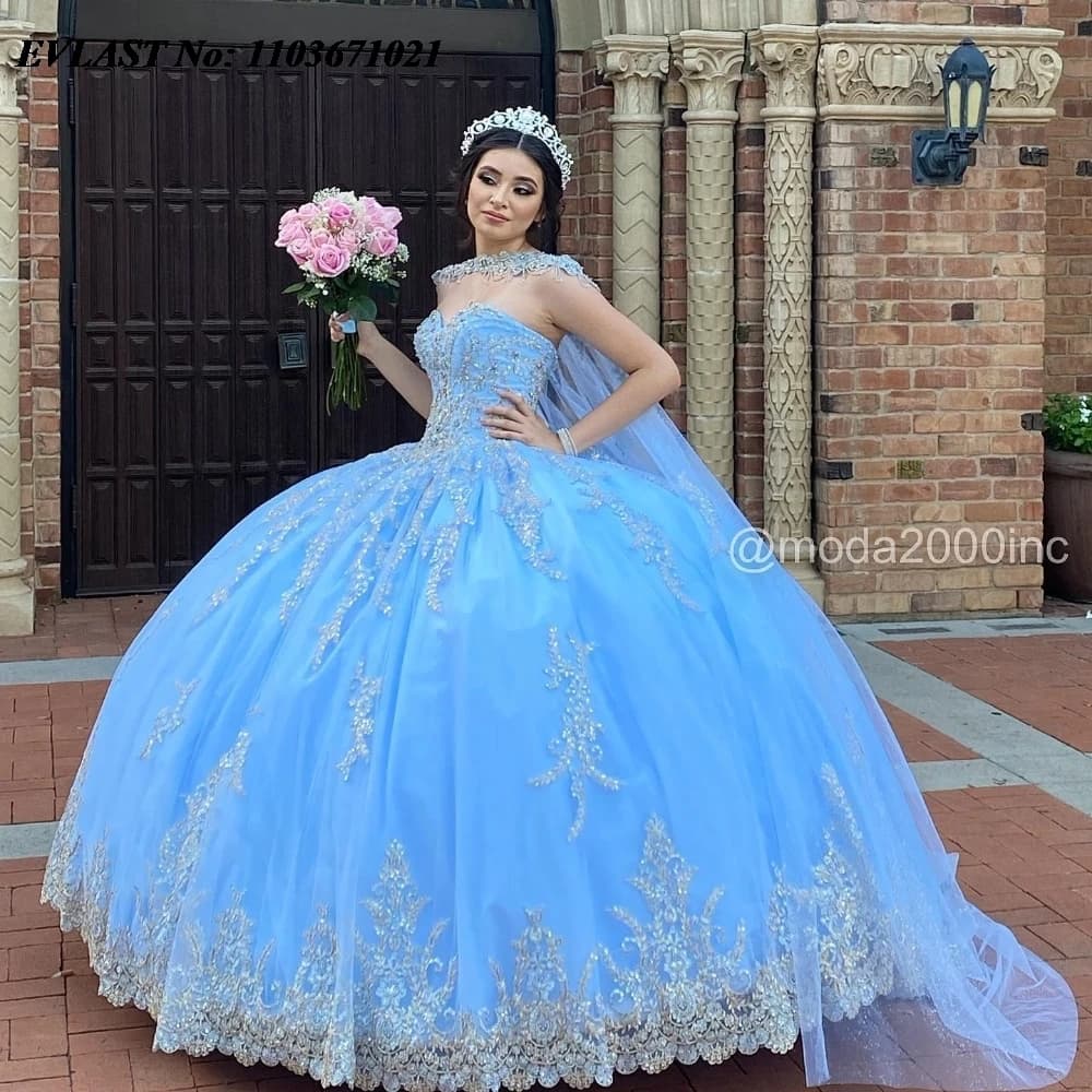 EVLAST Personalizzato Cielo Blu Abito Quinceanera Abito di Sfera Applique di Pizzo In Rilievo Corsetto di Cristallo Dolce 16 Abiti Da 15 Anos SQ584