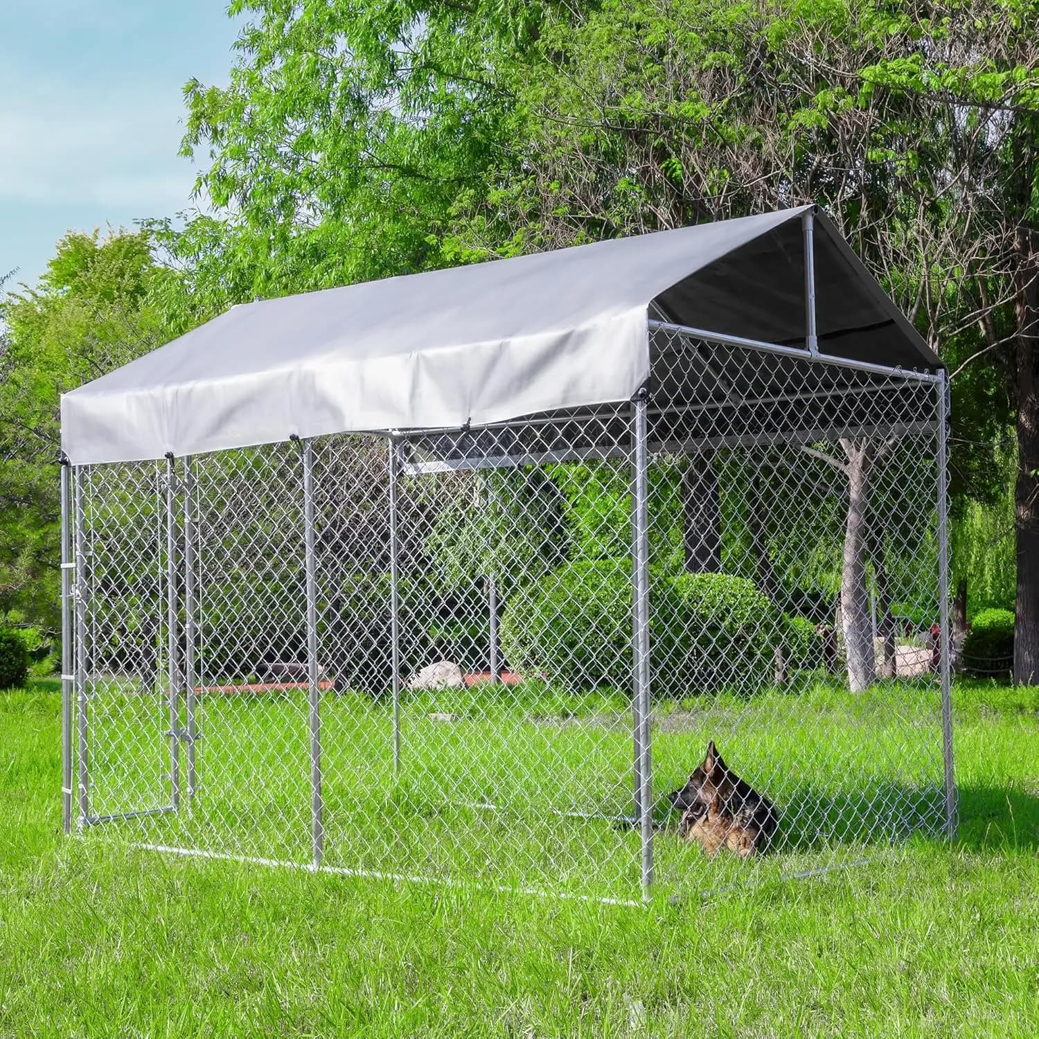 Grande Recinto per Cani da Esterno Zincato con Tetto, Copertura Impermeabile Resistente ai Raggi UV e Serratura, Recinzione Antiruggine per Cani da Giardino