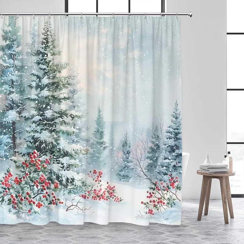 Tenda da Doccia, Tenda da Bagno Impermeabile in Poliestere con Alberi di Pino Invernali ad Acquerello, Decorazione Natalizia con Bacche Rosse e Foresta