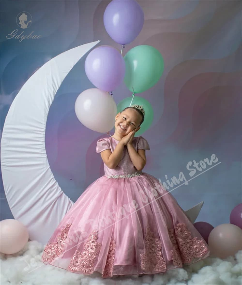 Simpatico abito da ragazza di fiore rosa girocollo manica corta gonfio per la prima comunione matrimonio compleanno abito da festa per bambini