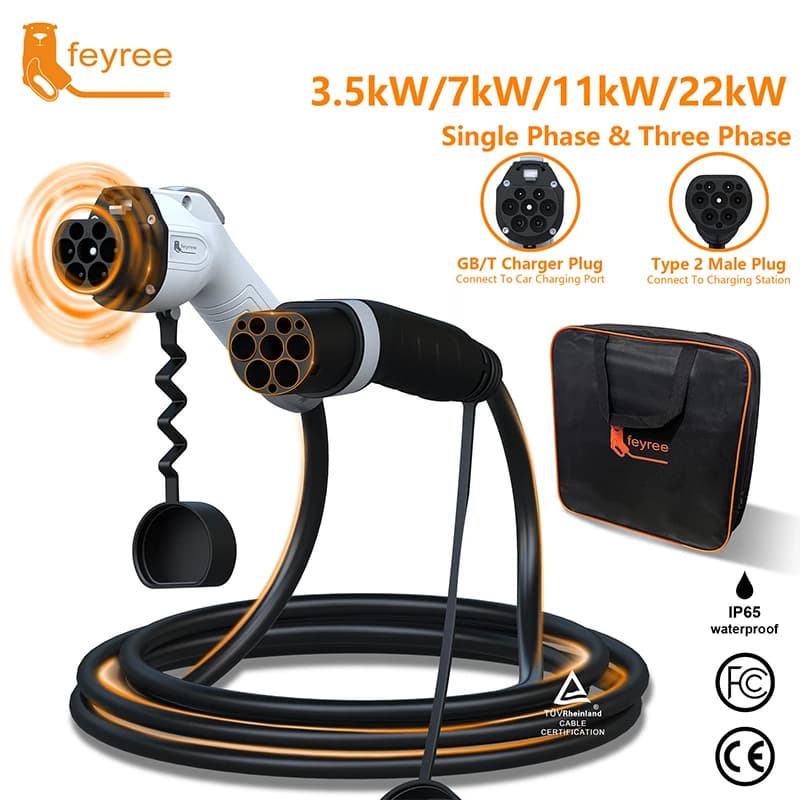 feyree Cavo di ricarica EV Type2 Spina maschio a presa GB/T Lato auto 16A 3.5kW 32A 7kW 1 fase 11kW 22kW 3 fasi per veicolo elettrico