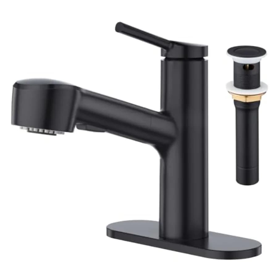 Faucet for washbasin bar and bathroom with drain cap and overflow, small kitchen faucet with pull-out shower, washbasin cap