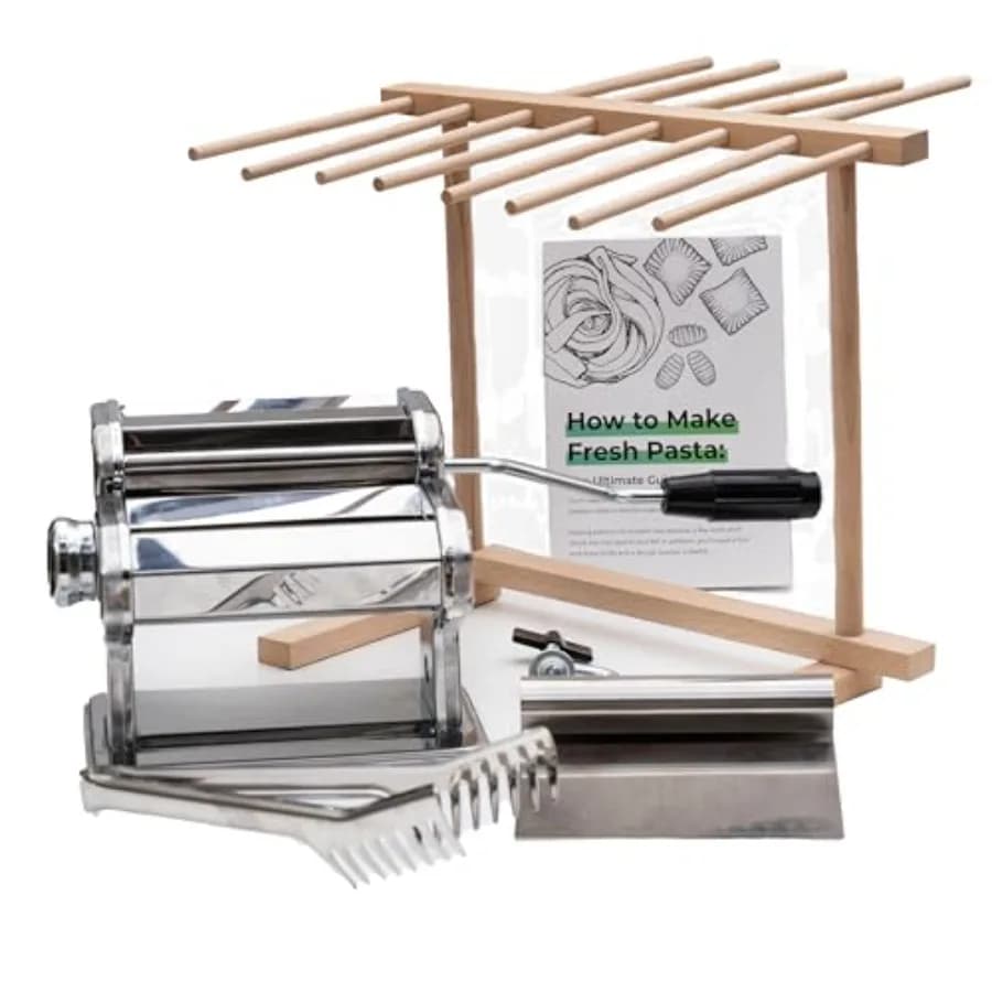 Macchina per Pasta in Acciaio Inox Cotswold Homeware con Impostazioni di Spessore Regolabili, Stendipasta in Legno, Tagliapasta