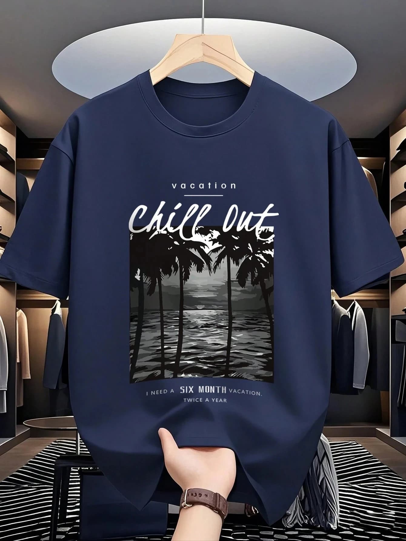 Men's 100% pure cotton fashionable casual loose slogan&Palm Tree Print round neck short sleeved T-shirt versatile top