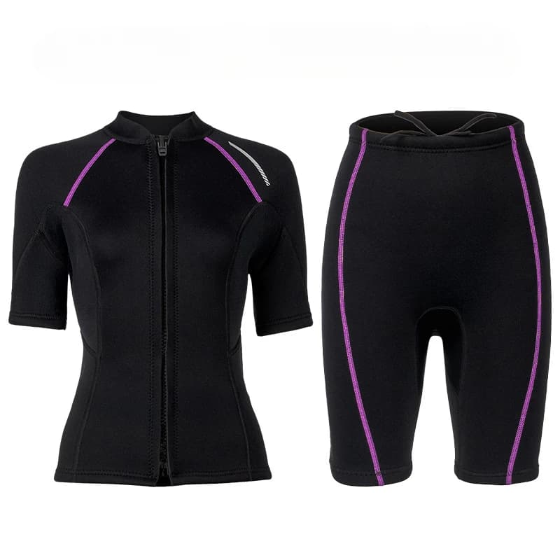Women's 1.5 mm short sleeve neoprene top with front zip, short diving suit for snorkeling, swimming and surfing
