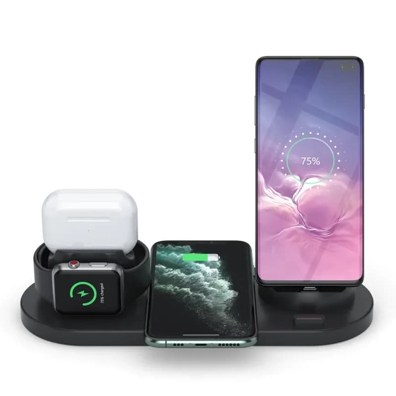 Presa di ricarica multifunzionale 6 in 1 con supporto per telefono Ricarica wireless per telefoni cellulari Cuffie Orologi Ricarica rapida
