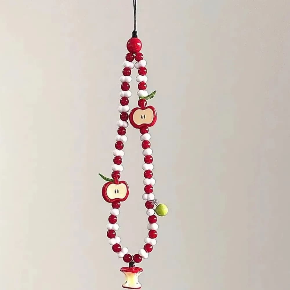 Con ciondolo con ciondoli di frutta Simpatico cinturino fatto a mano con perline bianche rosse Kawaii per telefono Airpods Auricolari Ins Nuovo cordino per cinturino per telefono