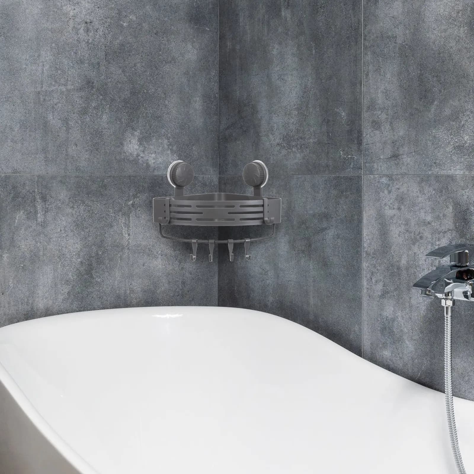 2 Pezzi Mensola Angolare per Doccia a Ventosa Triangolare, Organizzatore Bagno con Ganci per Shampoo, Sapone, Cosmetici, Senza Foratura