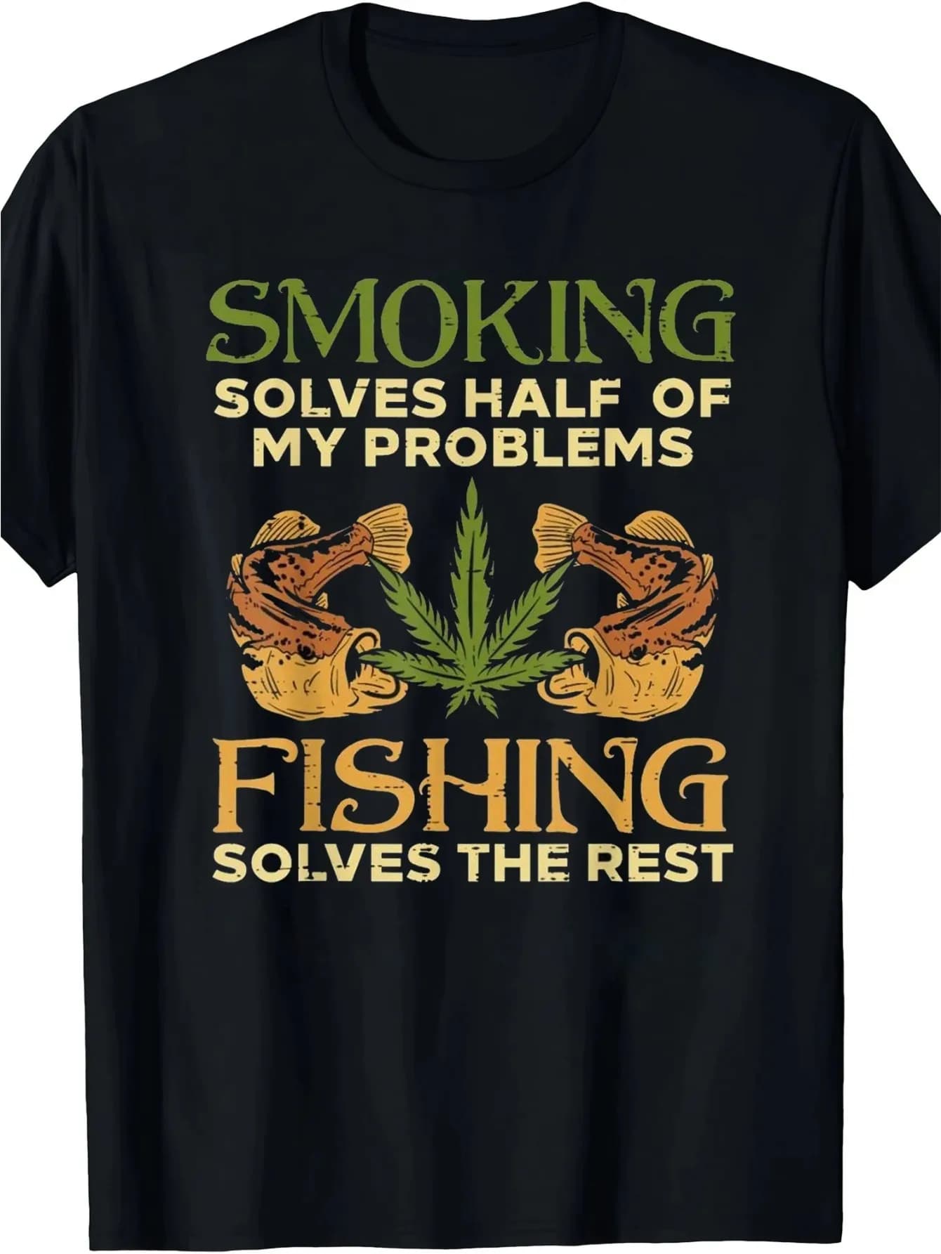 T-shirt Fishing & Smoking - 100% cotone, motivo foglia/canna da pesca, maglietta streetwear nera/verde/gialla