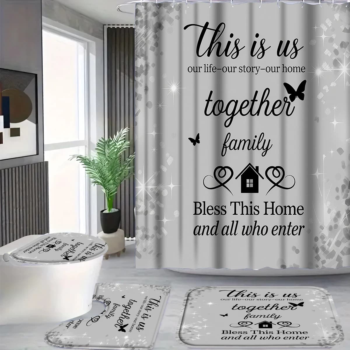 4Pcs This Is Us Family Shower Curtain Set with Hooks, Silver Glitter Quote Print Waterproof Mildew Resistant Fabric Bath Mat for Family Bathroom Home Decor
