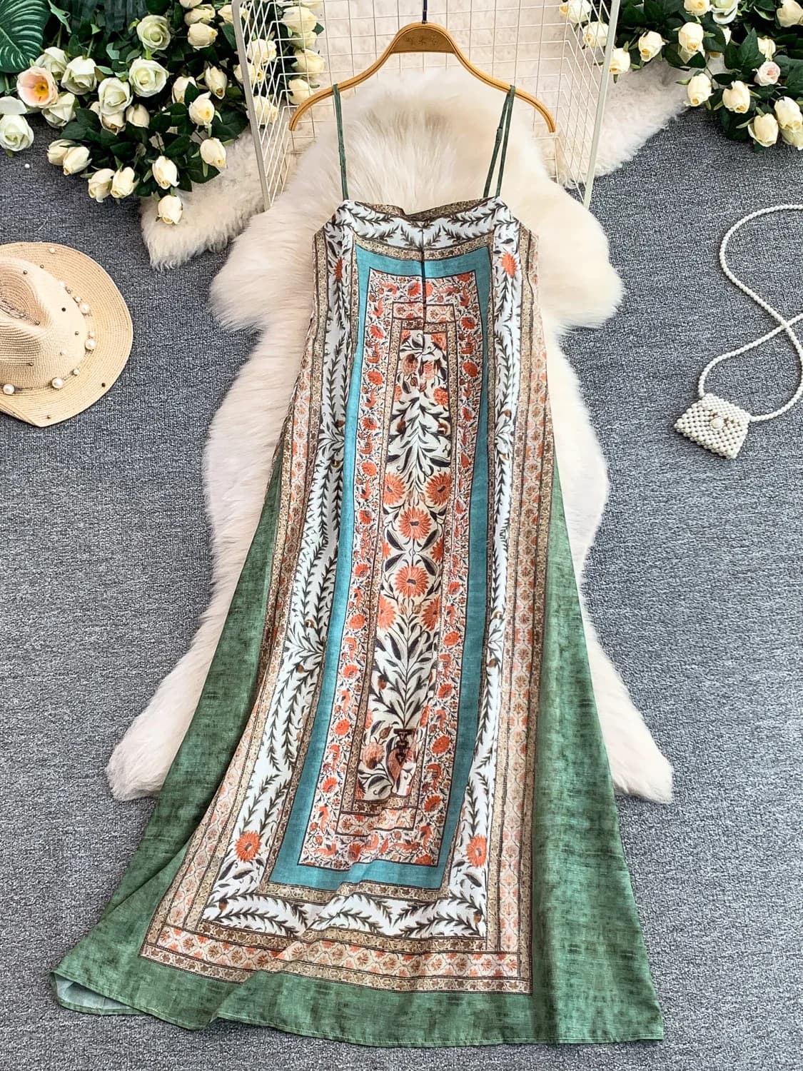 New Chinese Retro Stylish Design Elegant Print Halter Dress Women Summer Loose Meat Conceal Thin Middle Length Skirt