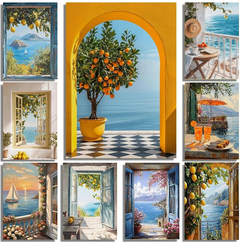 Fresh Italian Summer Ocean Landscape Art Poster Canvas Printing Coastal Villa Hotel Homestay Wall Decoration Painting Framele