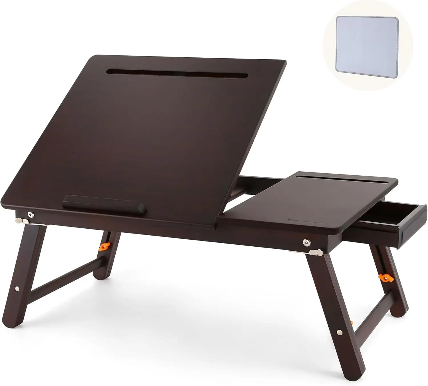 Tavolino da Letto Regolabile in Altezza e Angolazione con Cassetto, Tappetino per Mouse, Slot per Tablet e Telefono, Tavolo Pieghevole per Laptop, Noce Nero