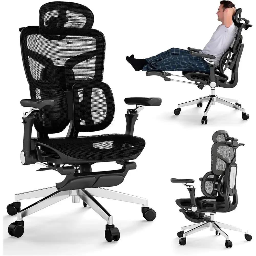 Sedia da Ufficio Ergonomica con Poggiapiedi, Sedia da Scrivania Imbottita per Persone Alte e Robuste, Supporto Lombare, Sedia da Ufficio Domestico con Schienale Alto, Girevole con Rotelle