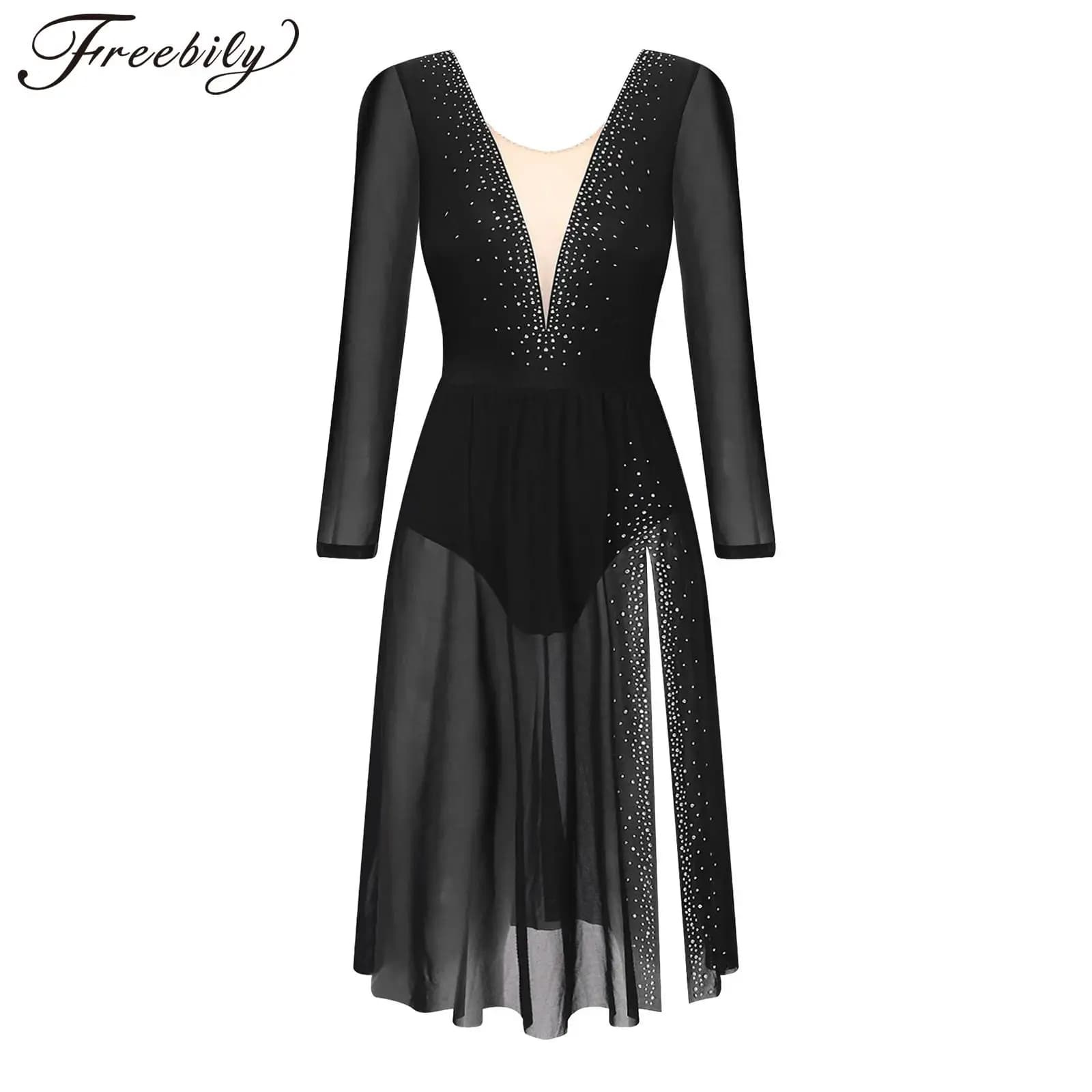 Abito da ballo lirico da donna con strass lucidi, spacco laterale, body da ginnastica per balletto, abiti da pattinaggio di figura, abbigliamento da ballo