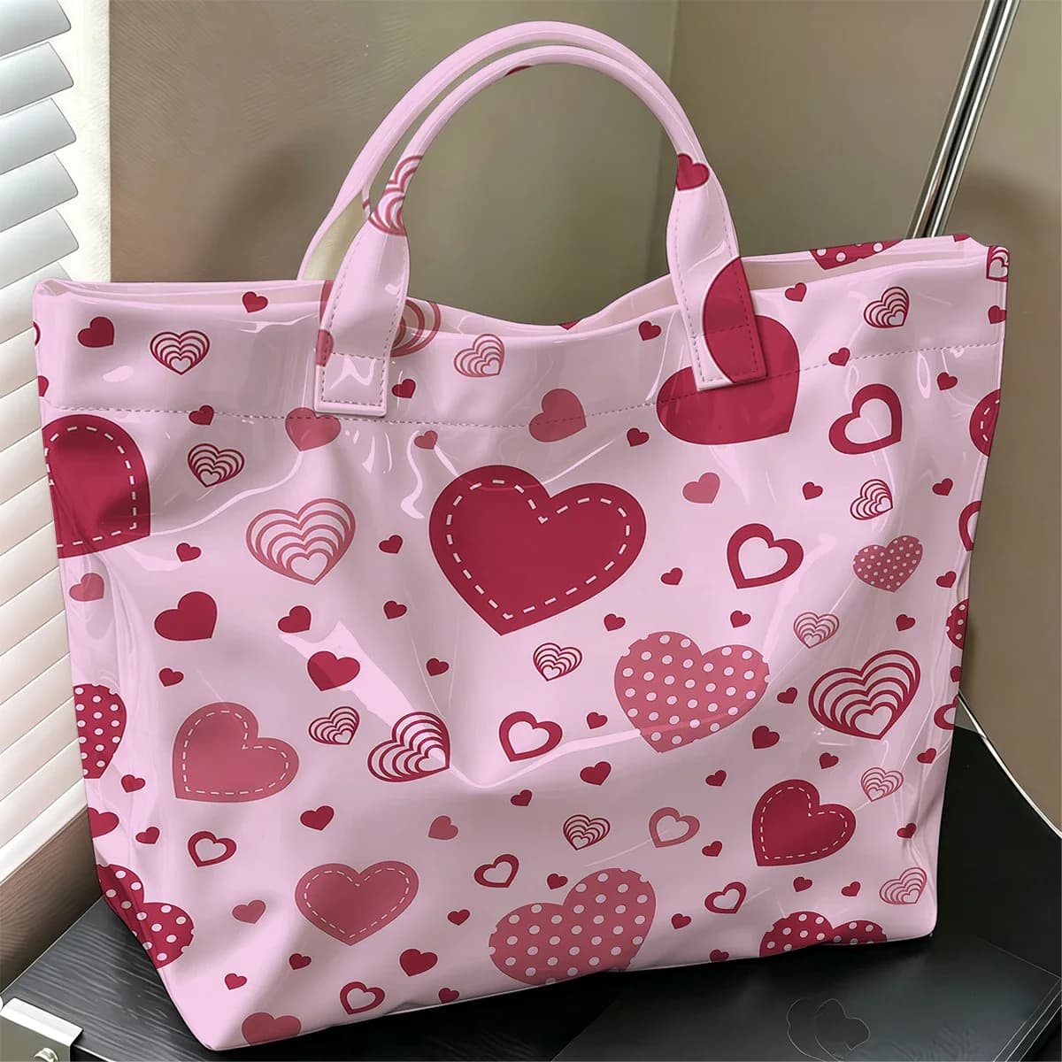 Blush Tone Heart Stylish Large Glossy PVC Tote Bag Washable Waterproof Durable Ideal for Travel Commute Cosmetics Books Handbags