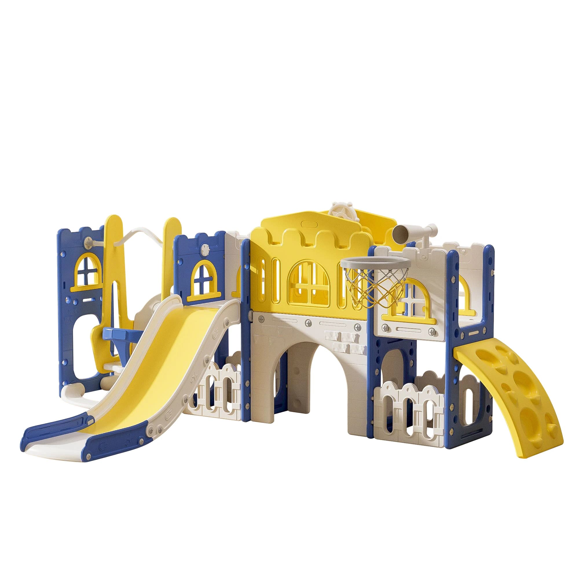 Parco Giochi Multifunzionale per Bambini da Interno con Scivolo, Telescopio, Canestro da Basket e Altalena - Attrezzatura da Gioco per Bambini