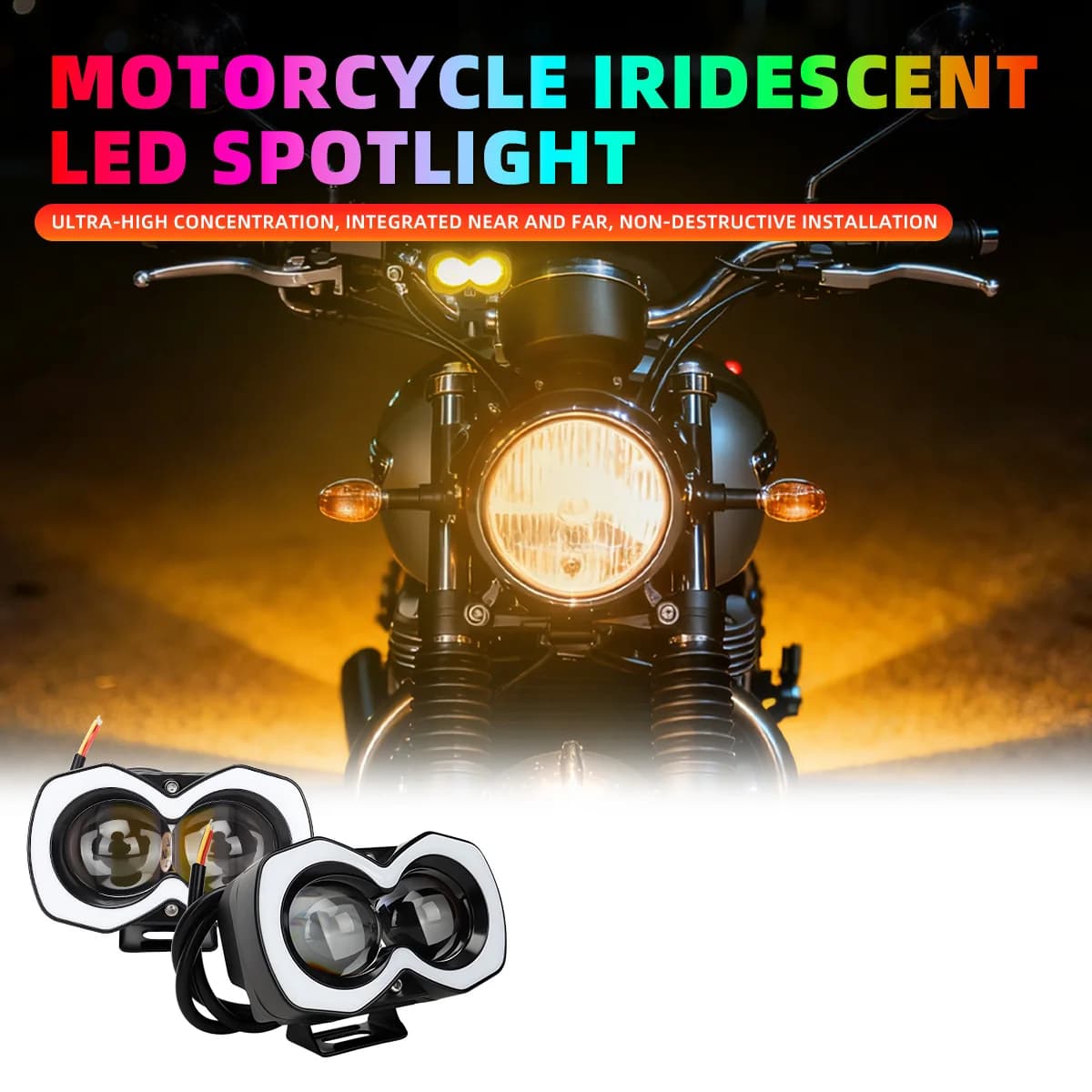 Faro LED per Moto 12V con 2/3/4 Lenti, Bicolore Bianco-Giallo, Luce di Avvertimento Lampeggiante, Faro RGB per Moto, Luci di Guida a LED