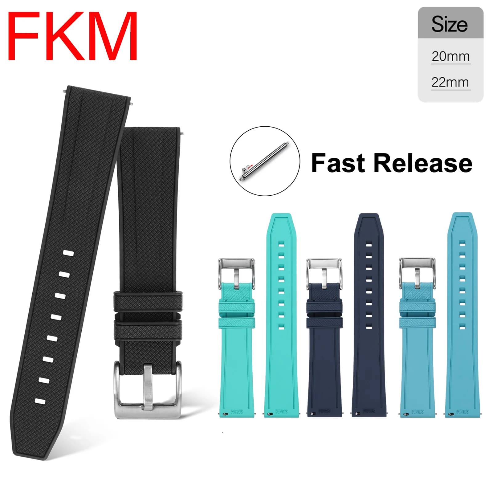 Fluoro Rubber Watch Strap Stainless Steel Buckle Fast Release FKM Sport Waterproof Men Women Universal Watch Band 20mm 22mm