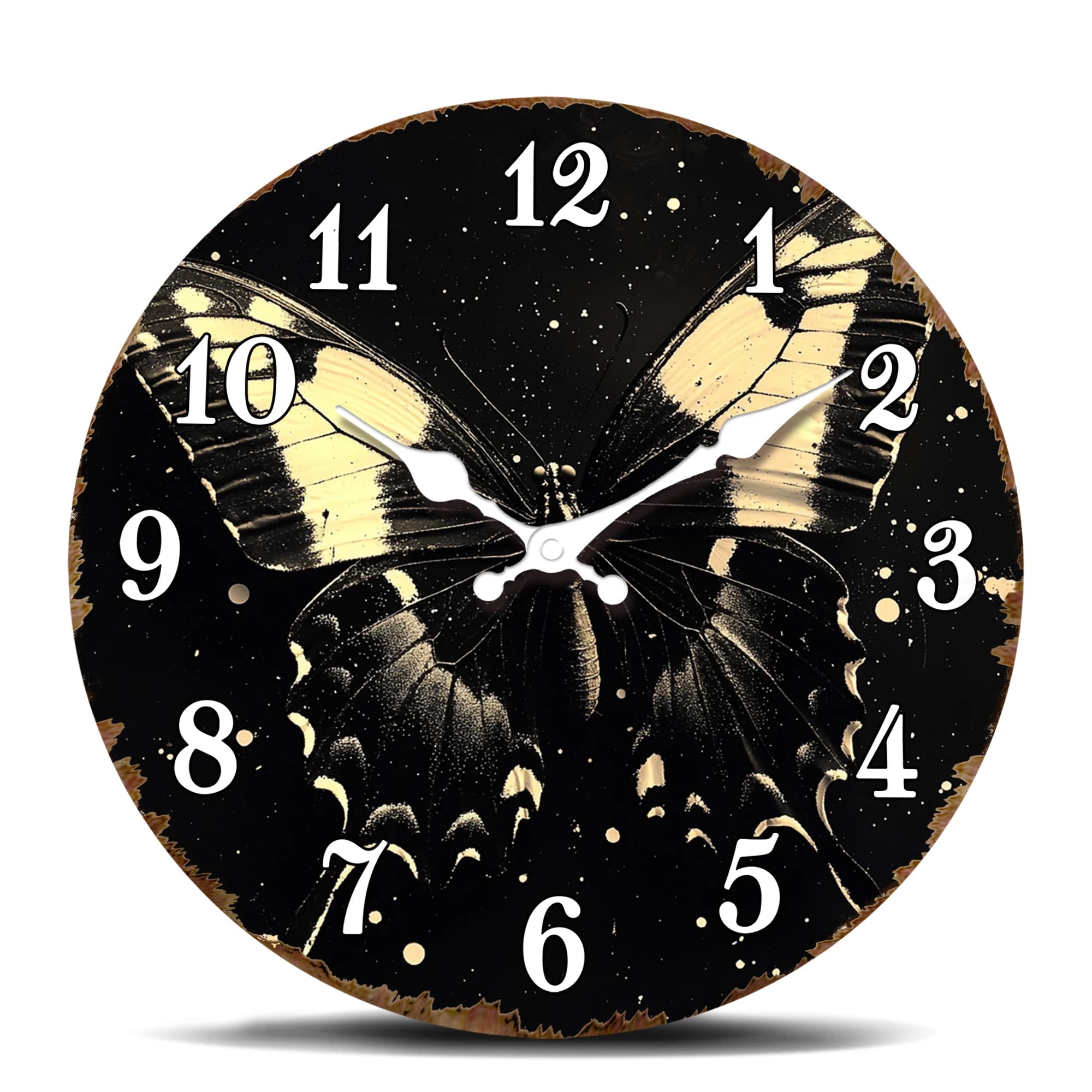 Elegante Orologio da Parete Rotondo a Tema Farfalla con Accenti Neri e Dorati per un Arredamento Sofisticato di Casa o Galleria