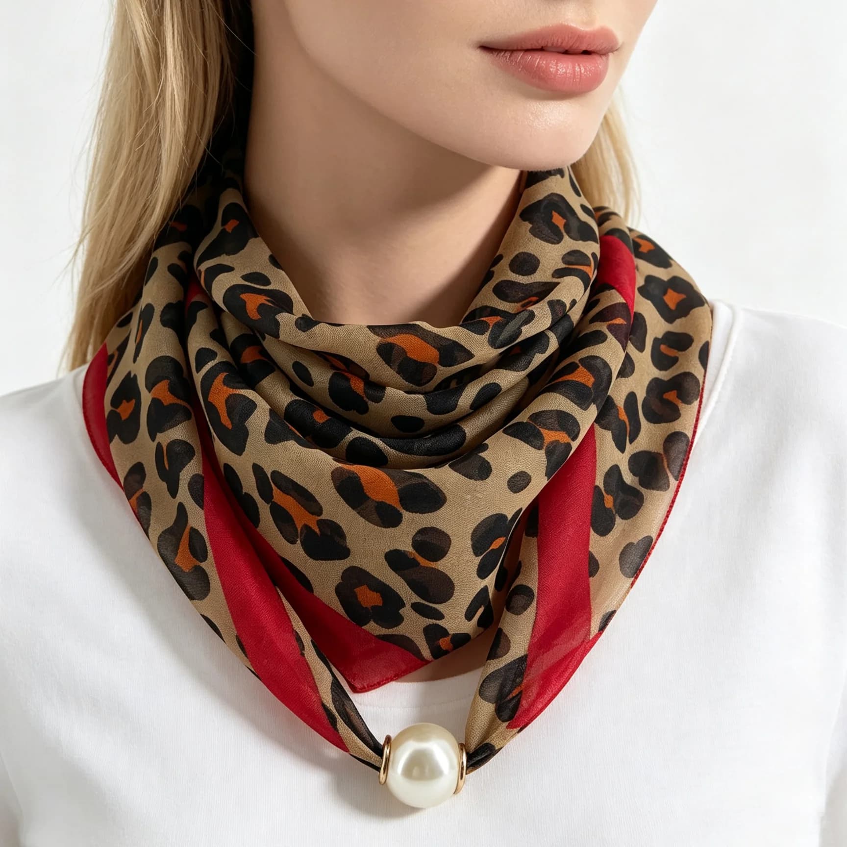 A Leopard Print Chiffon Scarf with a Magnetic Clasp Made of Artificial Pearls, a Luxurious Neck Scarf for Quick and Easy Wear, a Lightweight and Ultra-Thin Decorative Scarf