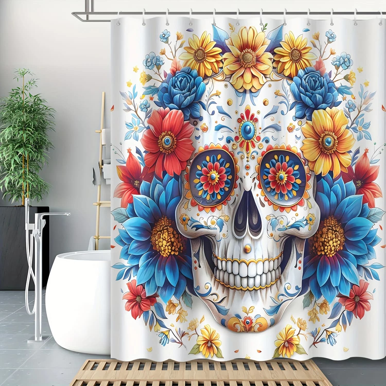 Tenda da doccia Day of the Dead - Tenda da bagno in poliestere resistente all'acqua con teschio vibrante e stampa calendula