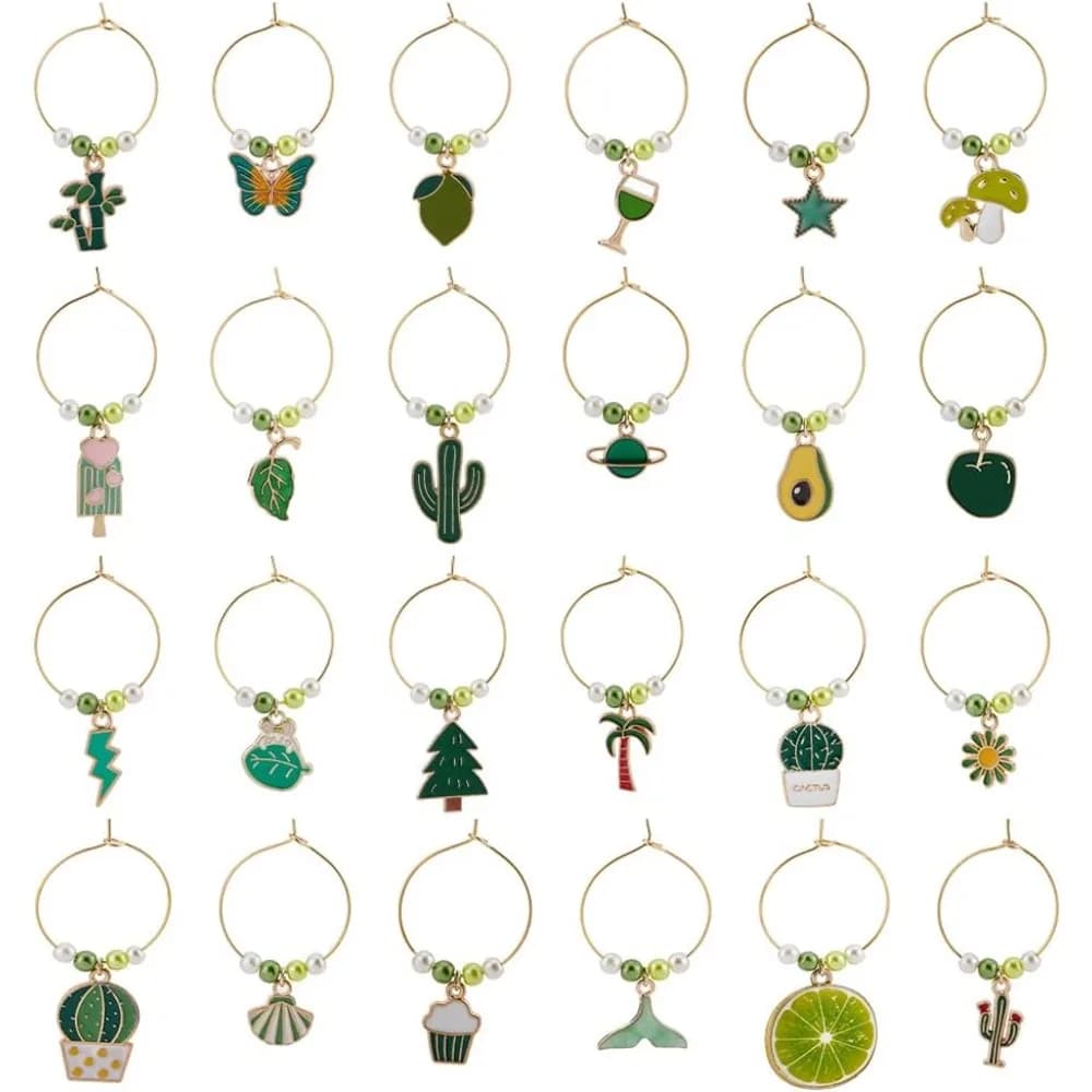 24 ciondoli per bicchieri da vino a tema estivo in stile, pennarelli per bevande con calice verde etichette identificativi in vetro accessori per vino per Cocktail